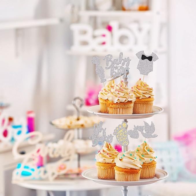 Ephlyn 24Pcs Boy Silver Cake Toppers - It's a Boy Cupcake Toppers, Baby Shower Theme Party Supplies, Upgrade Quality Guarantee