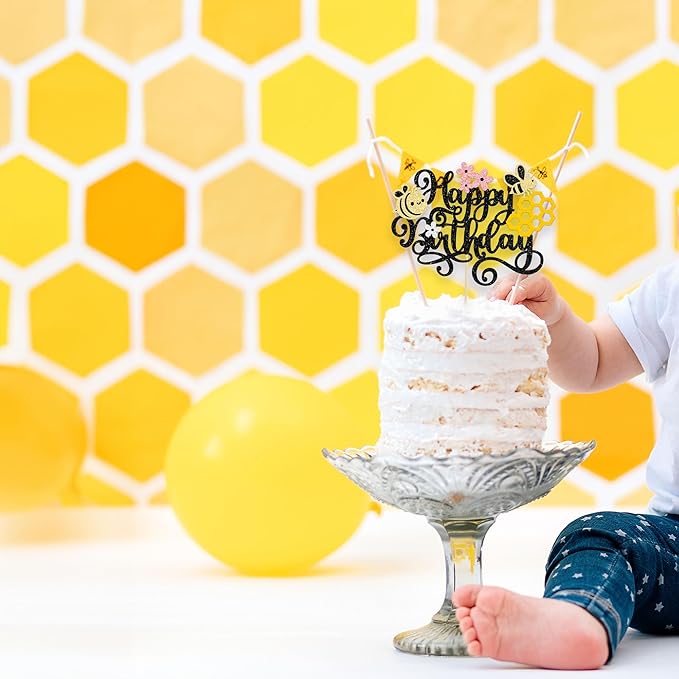 1 Pack Happy Bee Day Cake Topper Bumble Bee Happy Birthday Cake Decoration for Bee Theme Baby Shower Kids Boys Girls Birthday Party Cake Decorations Supplies Black