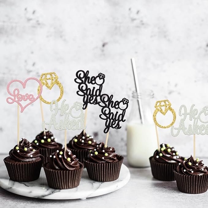 Gyufise 24 Pack Multicolor Glitter He Asked She Said Yes Cupcake Toppers Diamond Ring Heart Cake Picks for Wedding Engagement Party Table Decorations