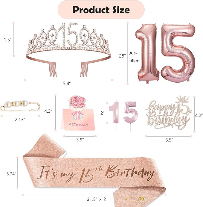 15th Birthday Decorations for Girls, 15th Birthday Sash and Crown, Cake Topper, Number Candles and Balloons, 15 Year Old Gifts for Girls