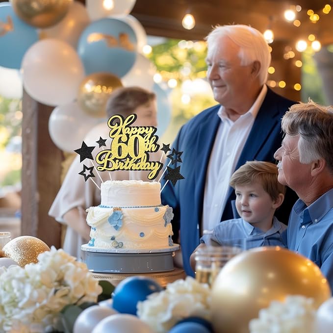 Happy 60th Birthday Cake Topper 60 Birthday Cake Decorations, Happy 60th Birthday Anniversary Party Cake Decorations for Men Women, Black Gold Glitter