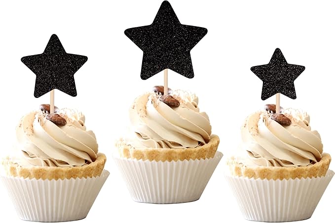 30 PCS Little Star Cupcake Toppers Glitter Twinkle Star Cupcake Picks Wedding Engagement Bridal Shower Baby Shower Birthday Party Cake Decorations Supplies Mixed Size Black