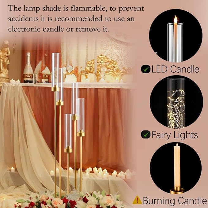 20PCS Gold Floor Candelabra,5 Arm Candle Holder Tall Floor Candle Holder with Acrylic Lampshade for Wedding Table Birthday Party Home Decoration Fit LED Taper Candles
