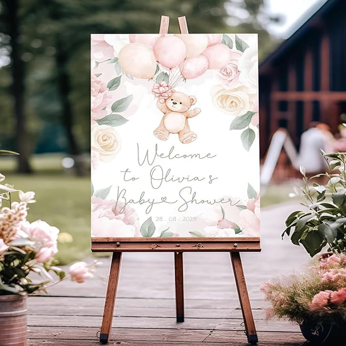 Pink Teddy Bear Baby Shower Welcome Sign, We can Bearly Wait Baby Shower Sign, Boho Teddy Bear Cute Baner #17