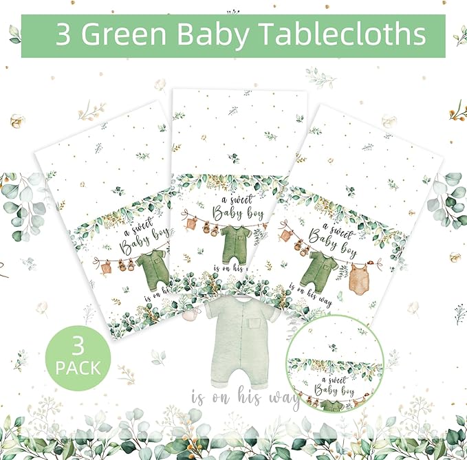 3PCS Greenery Gender Reveal Baby Shower Tablecloth, Boho Greenery A Sweet Baby Boy is On His Way Party Supplies TableCover for Gender Reveal Party, 54 x 108INCH (Green)
