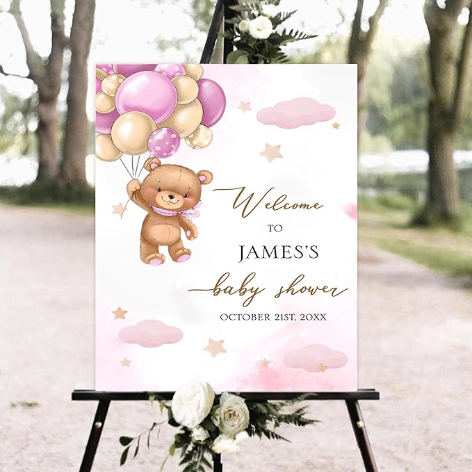 Balloons Bear Baby Shower Sign, Baby Shower Poster Sign, Baby Shower Welcome Sign With Stand, Baby Banner For Baby Shower, Baby Shower Backdrop For Girl