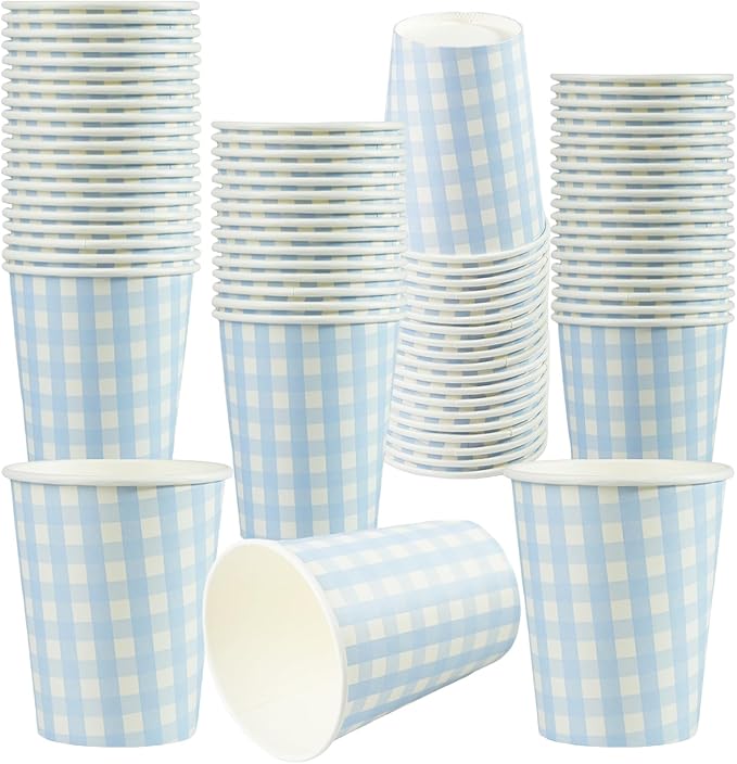 50 Pieces 8 oz Gingham Paper Cups, Disposable Gingham Cups, Checkered Cup for Hot Cold Beverage Birthday Party Supplies Decorations (Blue)