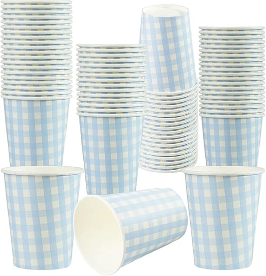 50 Pieces 8 oz Gingham Paper Cups, Disposable Gingham Cups, Checkered Cup for Hot Cold Beverage Birthday Party Supplies Decorations (Blue)