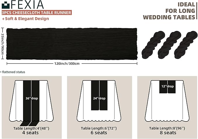 FEXIA 3 Pack Black Table Runner 35x120 Inches for Gothic Baby Shower Decoration Gauze Rustic Table Runner for Wedding Party First Communion Centerpiece Engagement Bridal Shower Boho Decor