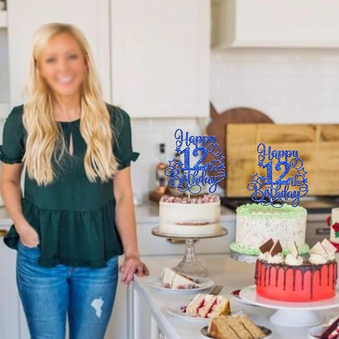 1 PCS Happy 12th Birthday Cake Topper Glitter Cheers to 12 Years Birthday Cake Pick Hello 12 Fabulous Cake Decoration for Happy 12th Birthday Anniversary Party Decorations Supplies Blue