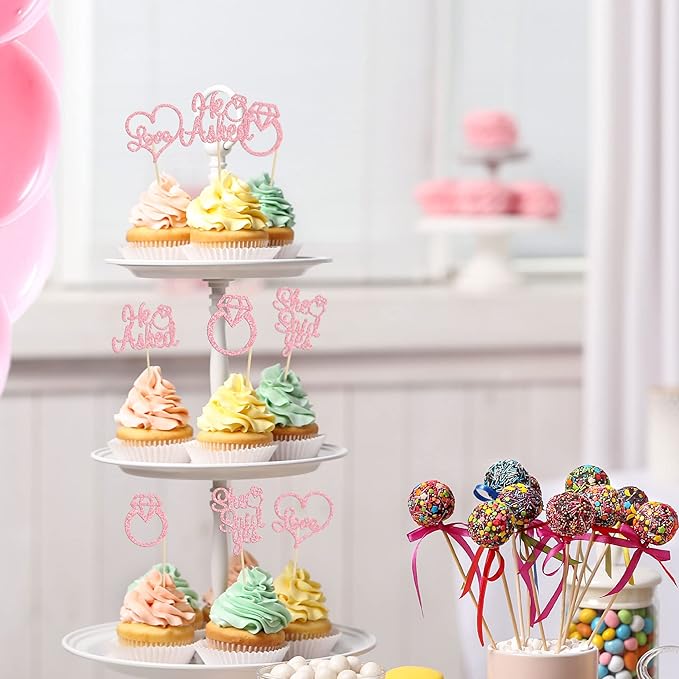 Gyufise Pink 24Pcs He Asked She Said Yes Cupcake Toppers Diamond Ring Heart Cake Picks for Wedding Engagement Party Cake Decorations