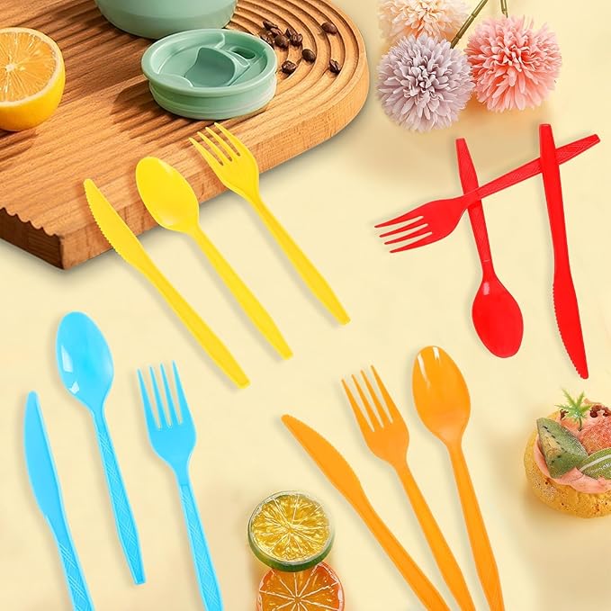 180Pcs Rainbow Red Orange Yellow Green Blue Purple Plastic Silverware Heavy Duty Disposable Flatware Cutlery Set Includes Forks Spoons Knives for Rainbow-Themed Birthday Halloween Pride Party