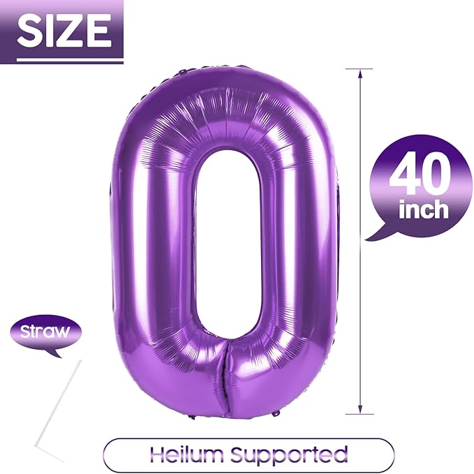 0 Balloon - Purple Birthday Number Balloons, 40 Inch Large Foil Balloons for Men Women Boys Girls Purple Themed Birthday Decorations