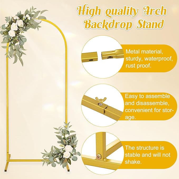 Metal Arch Stand and Cover Set,1 Fushia Spandex Fitted Backdrop with 1 Gold Wedding Arched Stand Frame for Parties Birthday Baby Shower Bridal Banquet Decoration (6FT)