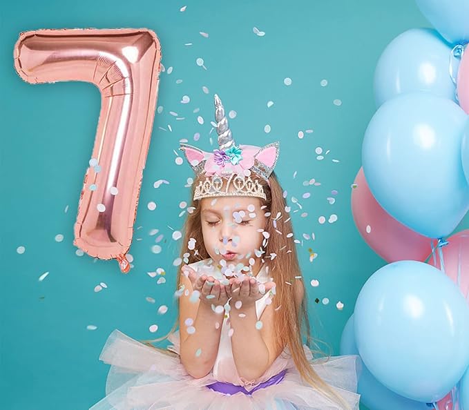 7th Birthday Decorations for Girls, Including 7 year old Birthday Cake Topper, Queen Sash with Pearl Pin, Sweet Rhinestone Tiara Crown, Number Candles and Balloons Set, Rose Gold