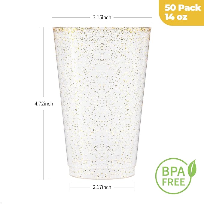Goodluck 14 oz 50 PCS Gold Glitter Plastic Cups, Disposable Glitter Cups, Elegant Plastic Cocktail Glasses, Fancy Party Cups for Wedding, Birthday, Holiday