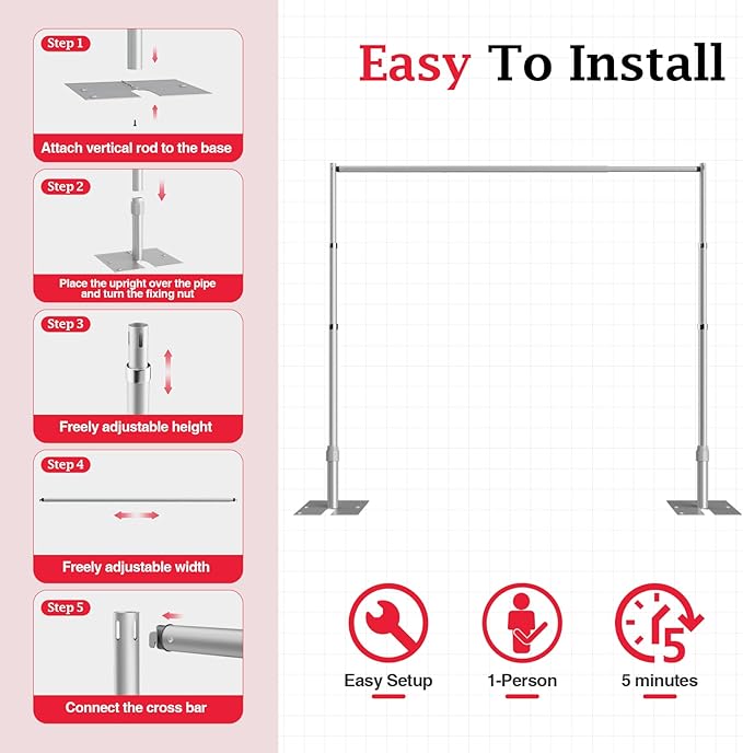EMART Pipe and Drape Backdrop Stand Kit, 8.9ftx10ft Heavy Duty Adjustable Photo Background, Metal Frame with Flat Base for Wedding, Birthday Party, Banquet Decorations - Silver