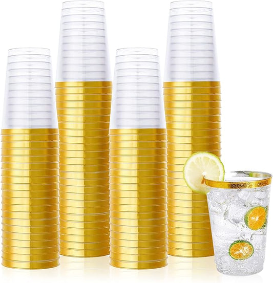 Vplus 150 Pack 12 OZ Reusable Gold Rimmed Clear Plastic Cups, Disposable Heavy Duty Plastic Cups Perfect for Party Christmas Wedding