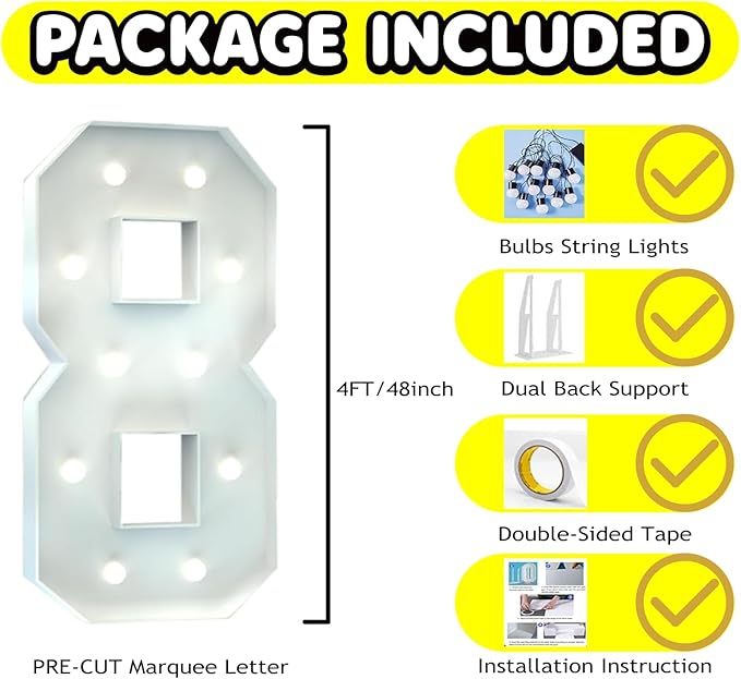 4FT Marquee Light Up Number, Giant Large Number PRE-CUT Foam Board Sign DIY Party Decor for Wedding, Birthday, Anniversary, Graduation, Holiday&Home Supplies (Number 8)