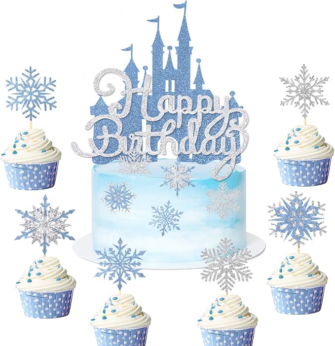 26Pcs Ice Castle Cake Toppers Double Layer Silver Blue Snowflake Cupcake Toppers Winter Wonderland Cake Decorations for Princess Happy Birthday Baby Shower Party Supplies