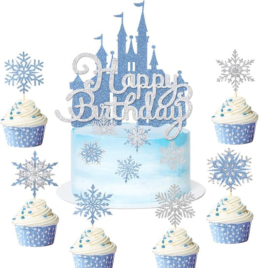 26Pcs Ice Castle Cake Toppers Double Layer Silver Blue Snowflake Cupcake Toppers Winter Wonderland Cake Decorations for Princess Happy Birthday Baby Shower Party Supplies