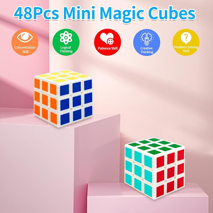 48 Pack Mini Cube Puzzle Box Toys Party Favors for Kids, 1.18in 3x3 Magic Cubes Brain Teaser for Classroom Prizes, Students School Rewards, Puzzles Game Toy for Christmas Goodie Bag & Stocking Stuffer