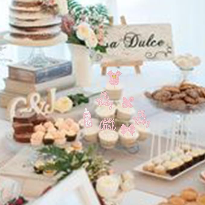 24 Pack It's a Girl Cupcake Toppers Glitter Pacifier Onesie Jumpsuit Bow Gender Reveal Cupcake Picks Welcome Baby Shower Cake Decorations for Baby Girl Birthday Theme Party Supplies Pink