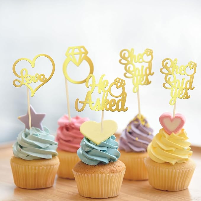 Gyufise 24 Pack Light Gold Glitter He Asked She Said Yes Cupcake Toppers Diamond Ring Heart Love Cake Picks for Wedding Engagement Party Cake Decorations