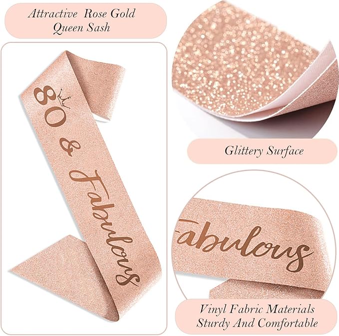 80th Birthday Gifts Decorations for Women, Including 80 year old Birthday Cake Topper, Queen Sash with Pearl Pin, Sweet Rhinestone Tiara Crown, Number Candles and Balloons Set, Rose Gold