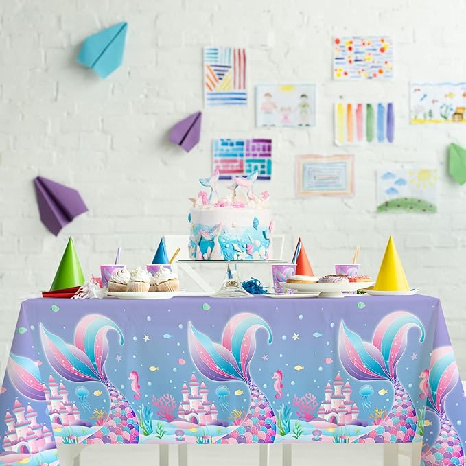 Gatherfun Mermaid Party Supplies Set: Mermaid Birthday Decorations, Includes 2-Pack Mermaid-Themed Tablecloths for Kids & Girls 1st Birthday, Mermaid Party Decorations Table Covers 54 x 108 Inch