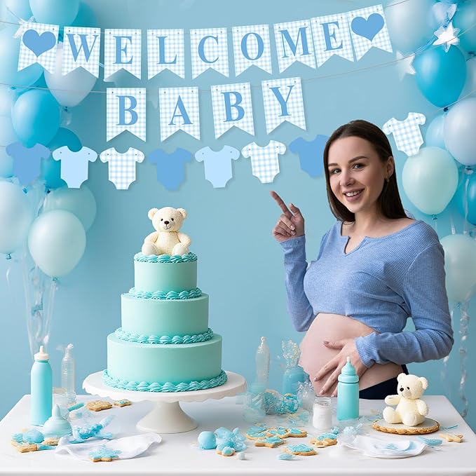 1 Pcs Blue Gingham Welcome Baby Banner for Party Decorations Blue Pre Strung Baby Shower Gender Reveal Paper Banner for Table, Wall or Mantel Display Party Decor Supplies