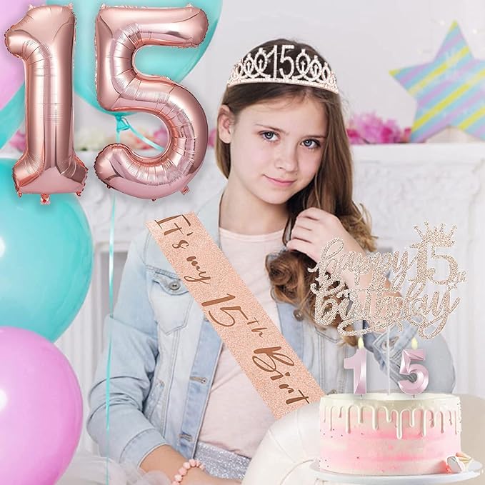 15th Birthday Decorations for Girls, 15th Birthday Sash and Crown, Cake Topper, Number Candles and Balloons, 15 Year Old Gifts for Girls