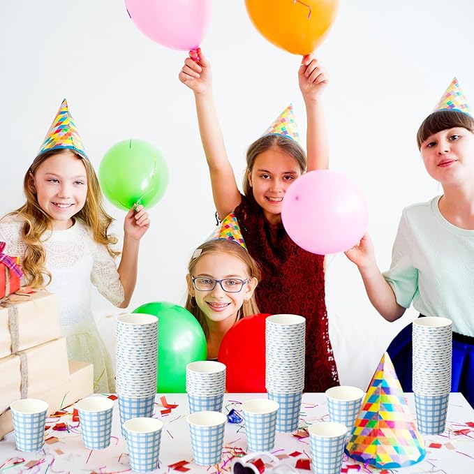 Honeydak 150 Pcs 9 oz Gingham Paper Drinking Cups Checkered Party Disposable Plaid Paper Cups Supplies for Wedding Birthday Fiesta Party Baby Shower Picnic(Blue)