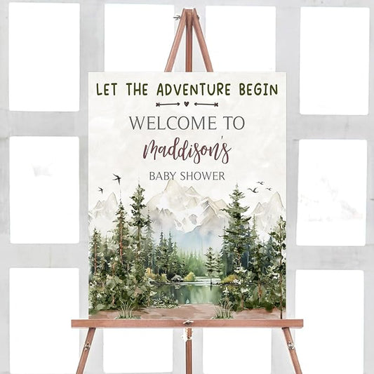Editable Let the Adventure Begin Welcome Sign, Adventure Awaits Baby Shower Poster, Woodland Mountain Baby Shower Sign