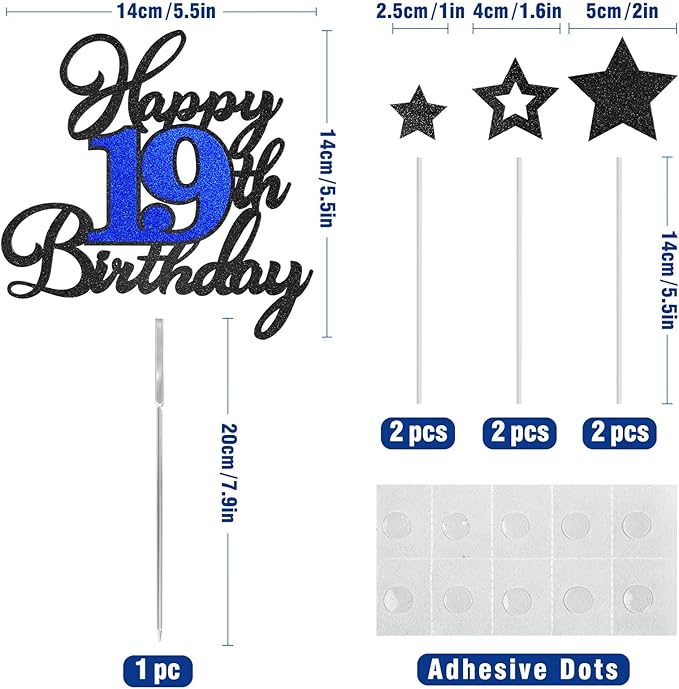 19th Birthday Cake Topper, Black Blue Happy 19th Birthday Cake Toppers for Boy Girl, 19 Years Old Birthday Party Supplies, Glitter Cake Decor, 19th Birthday Cake Decorations