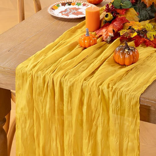 MLMC Gold Table Runner Rustic Winter Cheesecloth Table Runner 10ft Gauze Cheese Cloth Table Decoration 35x120 Inches for Wedding Picinc Party Family Gatherings Christmas Home Decor