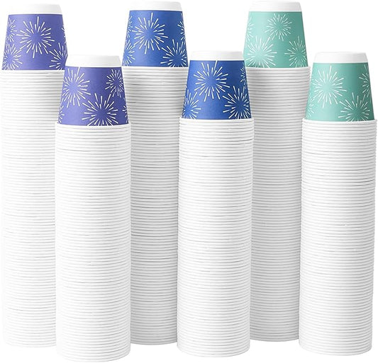 Tamone 600 Pack 3 oz Bathroom Cups, Small Paper Cups, Mini Disposable Cups Fireworks Design, Blue, Green Mouthwash Cups for Party, Picnic, BBQ, Travel, Home and Event