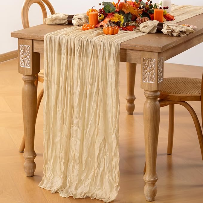 MLMC Champagne Cheesecloth Table Runner 10ft Sand Rustic Gauze Cheese Cloth Table Runner 35x120 Inches for Farmhouse Cozy Holiday Outdoor Events Home Decor