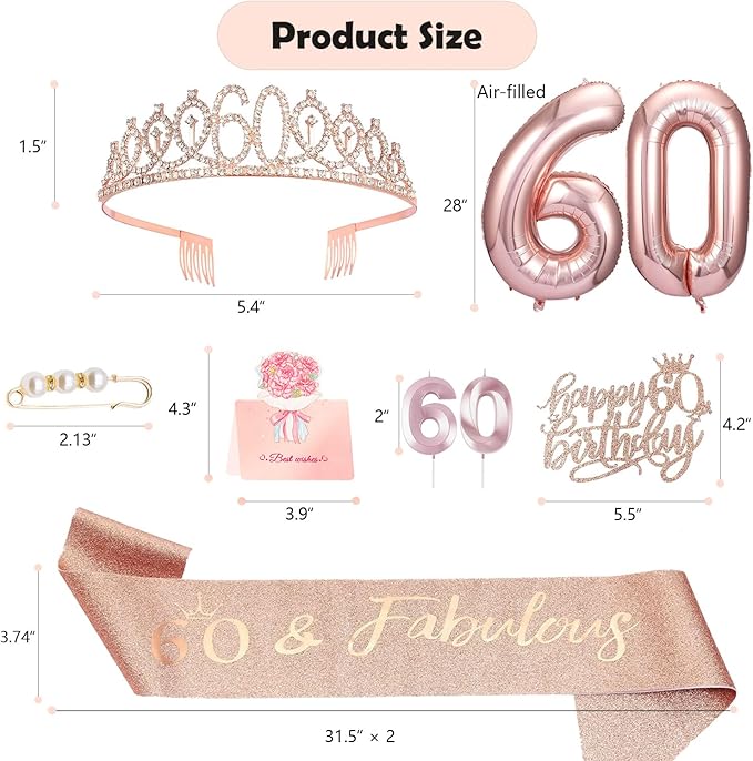 60th Birthday Decorations for Woman, 60th Birthday Sash and Crown, Cake Topper, Number Candles and Balloons,, 60 Year Old Gifts for Women