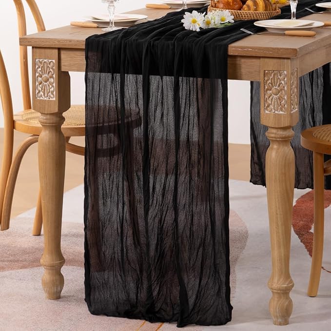 MLMC 3 Pack Black Table Runner 10ft Rustic Gauze Cheesecloth Table Runner 35x120 Inches Cheese Cloth Centerpiece for Wedding Party Bridal Shower Anniversary Events Gothic Decor