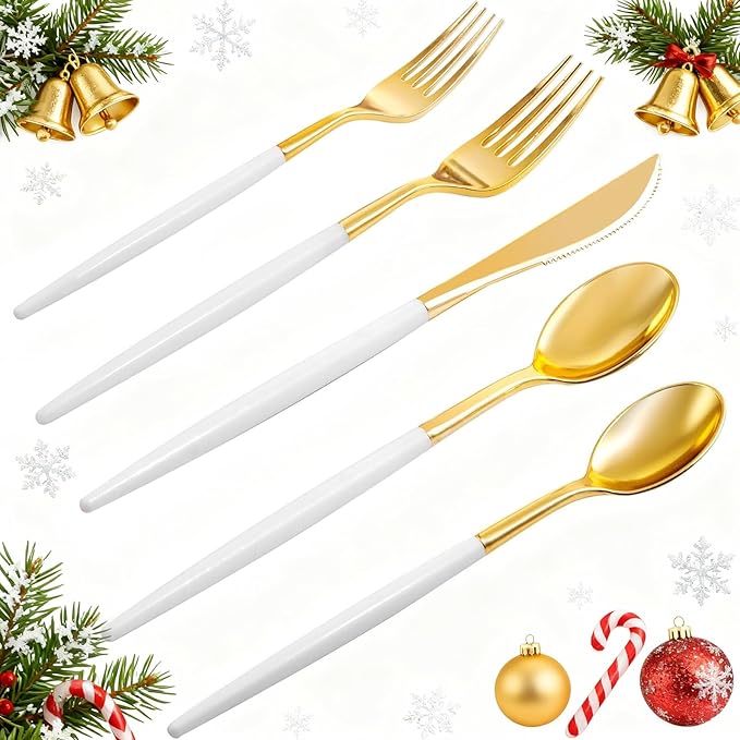 Rubtlamp 96 Pcs Gold Plastic Silverware, Gold Plastic Utensils with White Handle, Cutlery Set Disposable Includes: 32 Knives, 32 Plastic Spoons And 32 Forks for Wedding And Party