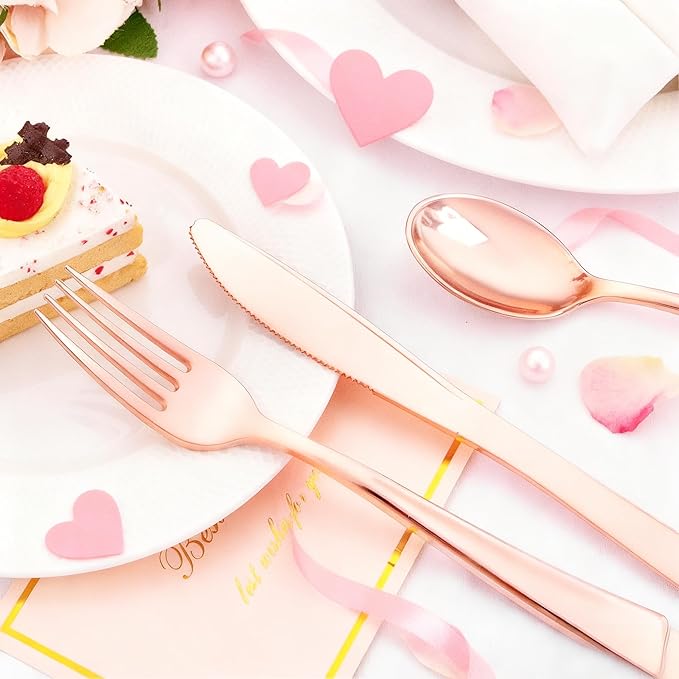 Liacere 100Pack Rose Gold Plastic Silverware - Pre Rolled Napkins with Rose Gold Cutlery - Wrapped Silverware Set Disposable100 Forks Knives Spoons Wrapped Utensils for Wedding＆Valentine's Day