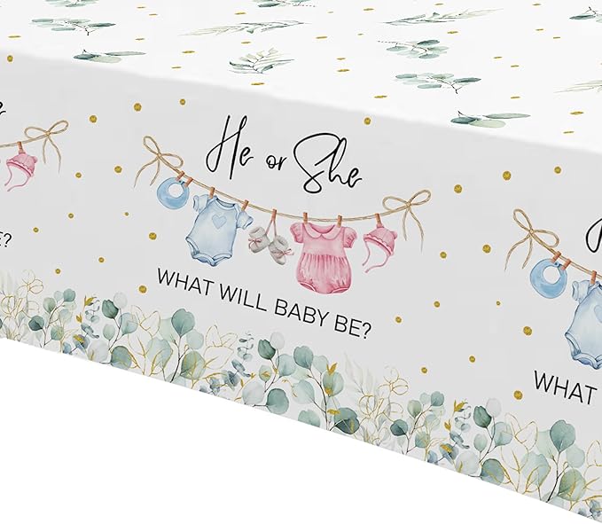APOWBLS Gender Reveal Decorations Tablecloth, 3 Pack Disposable Greenery Baby Clothes Theme Boy or Girl Gender Reveal Baby Shower Party Supplies Table Cover, 55in x 86in