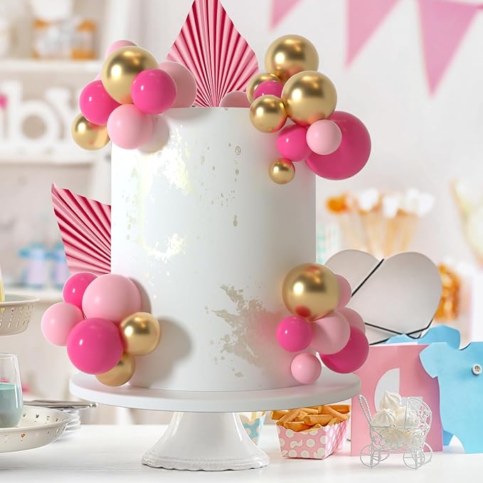NEBURORA 64 Pcs Balls Cake Toppers and Leaves Decoration Set Mini Balloons for Cake Decorating Supplies Balls Cake decorations for Baby Shower Cake Toppers Birthday Cake Decorations (Pink Gold）