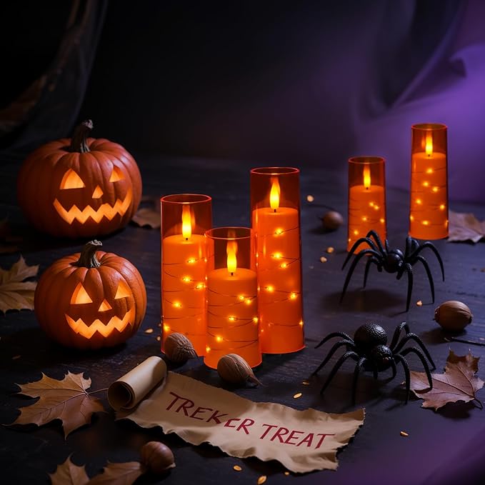 Raycare Flameless Candle with Remote Timer – 5 Flickering Acrylic Battery Operated LED Pillar Candles with Embedded Star String for Halloween, Home Decor, and as a Gift(Orange)