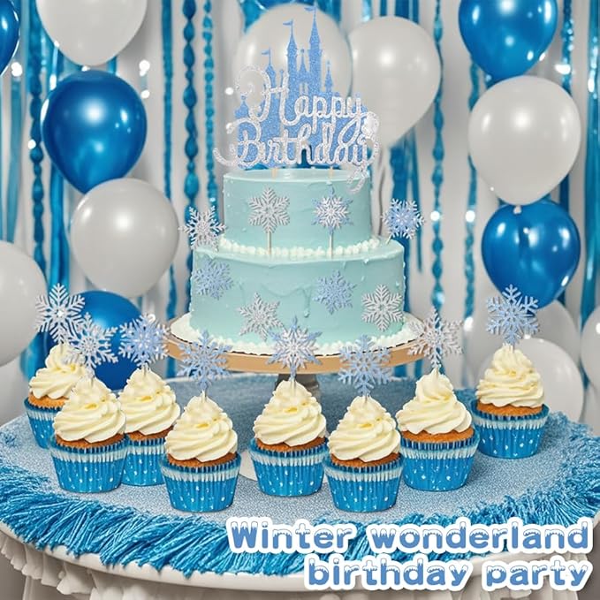 26Pcs Ice Castle Cake Toppers Double Layer Silver Blue Snowflake Cupcake Toppers Winter Wonderland Cake Decorations for Princess Happy Birthday Baby Shower Party Supplies