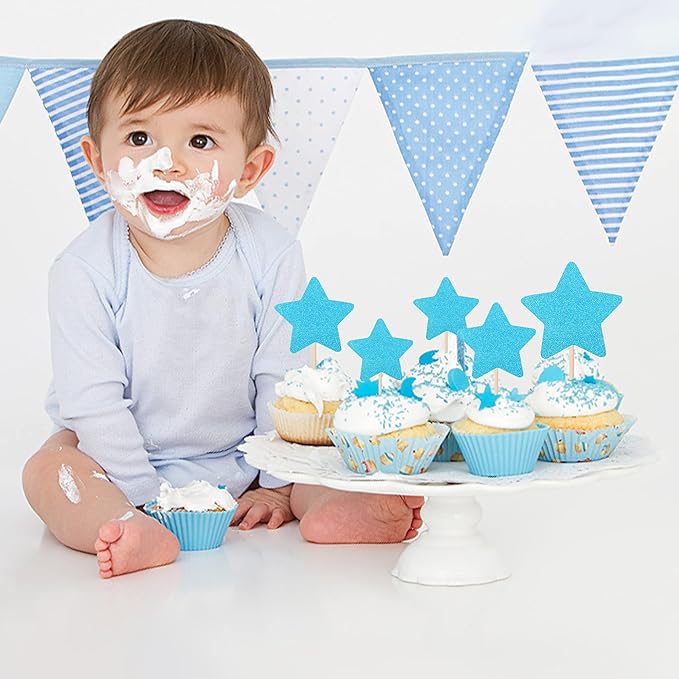 30 PCS Star Cupcake Toppers Glitter Mixed Size Twinkle Little Star Cake Picks Decorations for Wedding Engagement Baby Shower Birthday Party Supplies Blue