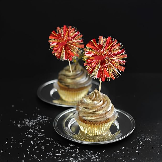 Ephlyn 30Pcs Foil Firework Cupcake Toppers Sparkle Tinsel Drink Birthday Cake Decorations Cocktail Food Fruit Toothpick for New Years Wedding Birthday Party Decorations Gold Red