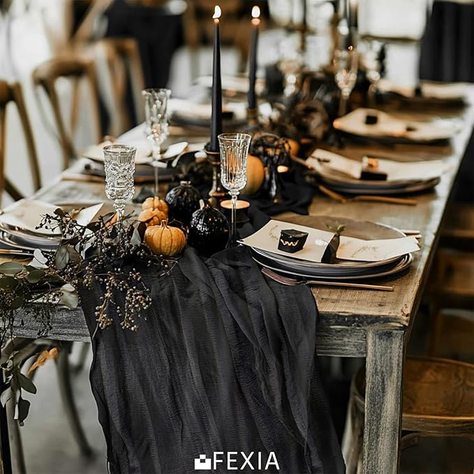 FEXIA Black Table Runner Cheesecloth 30x118 Inches Halloween Table Decor Rustic Boho Gauze for Wedding Baby Shower Bridal Shower First Communion and Home Decorations