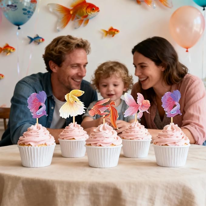 28 pcs Double Sided Goldfish Cupcake Toppers ornamental fish Theme Decorations Baby Shower Happy Birthday Party aquarium Party Cake fish Decoration Supplies